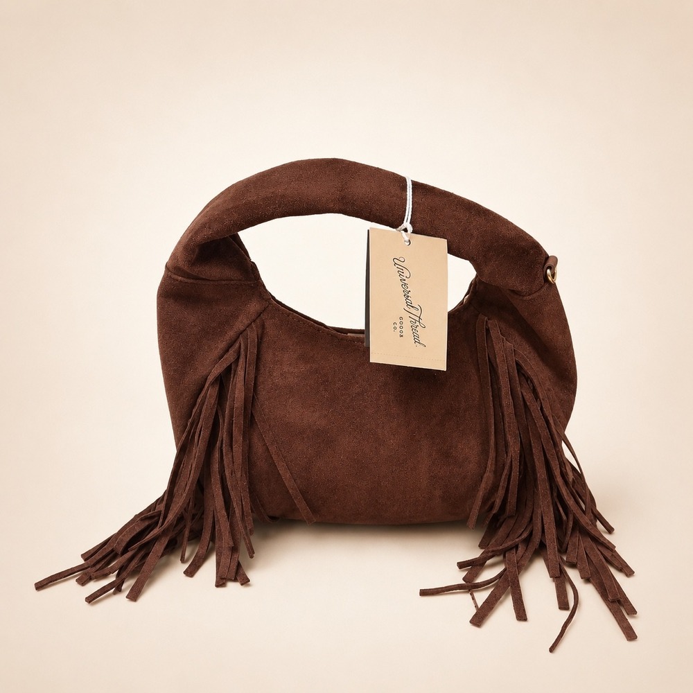 Universal Thread Brown Faux Suede Fringe Crescent Handbag Boho Hobo Bag NWT - Picture 5 of 5